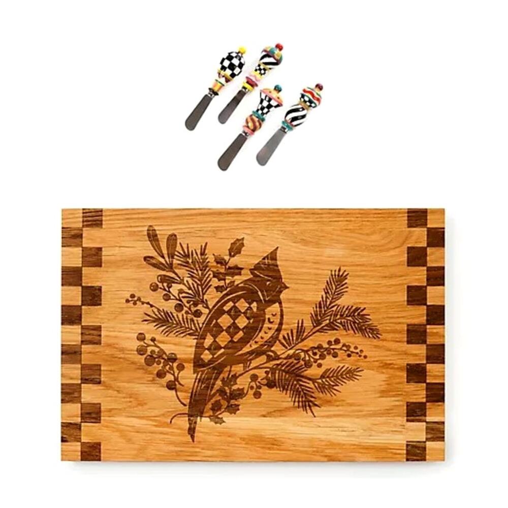 Brand New Mackenzie-Childs Cardinal Wood Serving Board & Jubilee Spreaders Set
